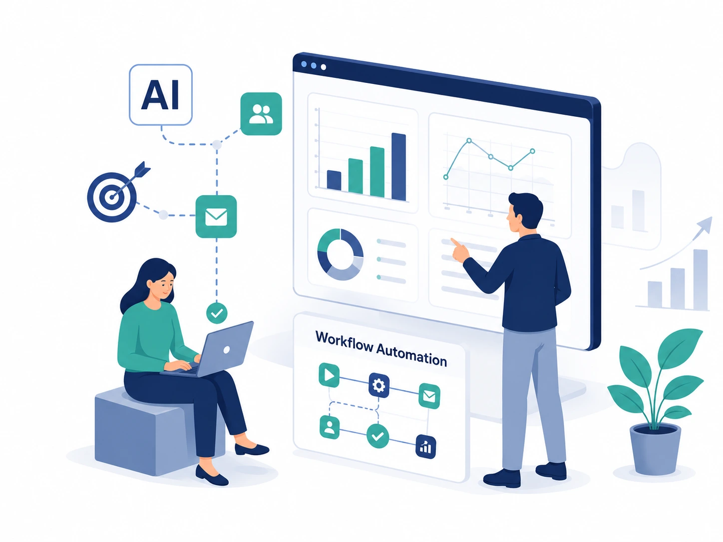 Ilustrasi analisis performa, automasi workflow, dan optimasi berbasis AI